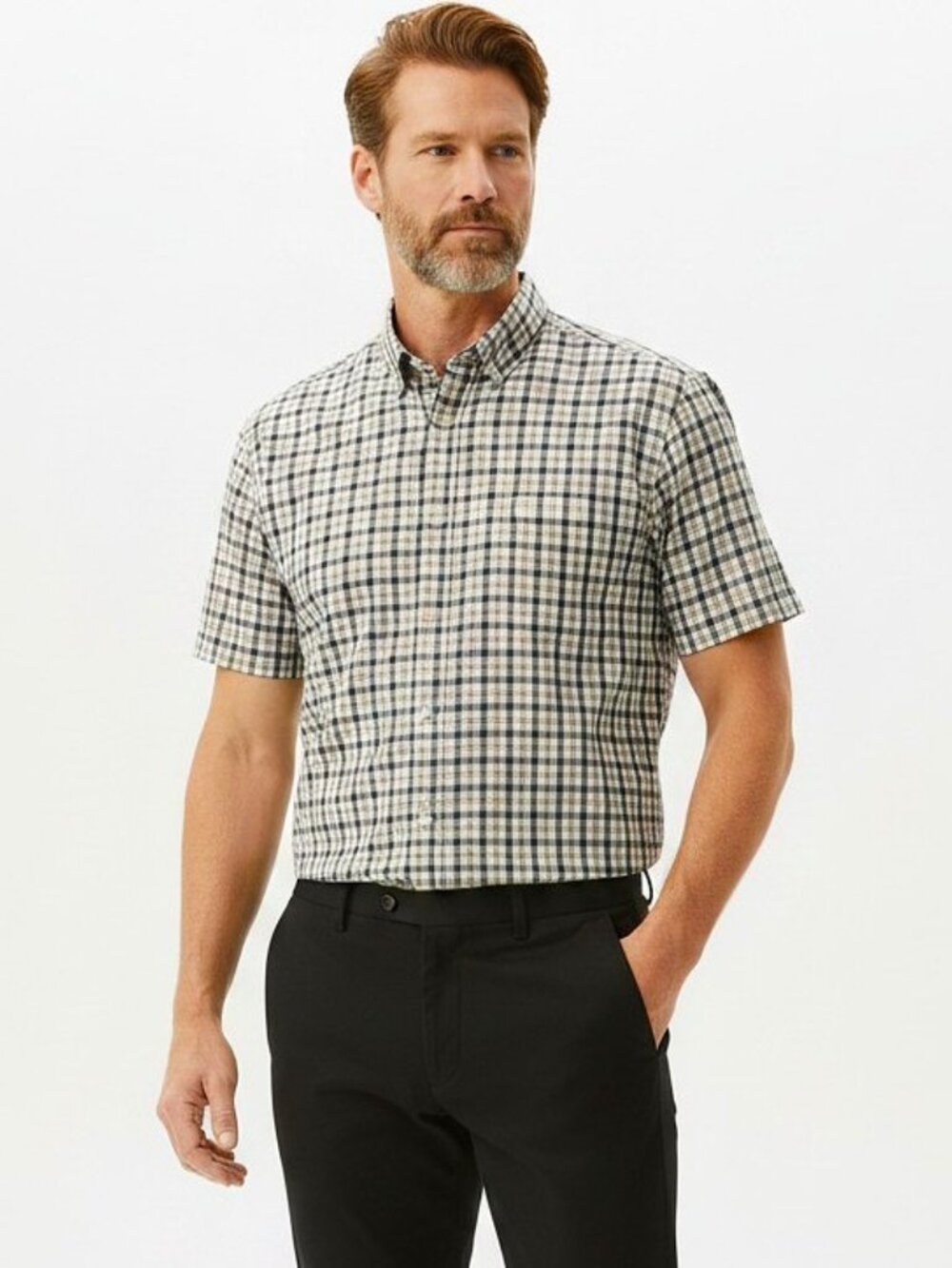 Van Heusen | Men's Shirt | Short Sleeve, Plaid - Black, Tan, Cream | XL
